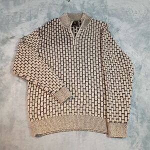 F/X Fusion Mens Large Quarter Zip Sweater Basketweave Knit Tan Navy Mock Neck